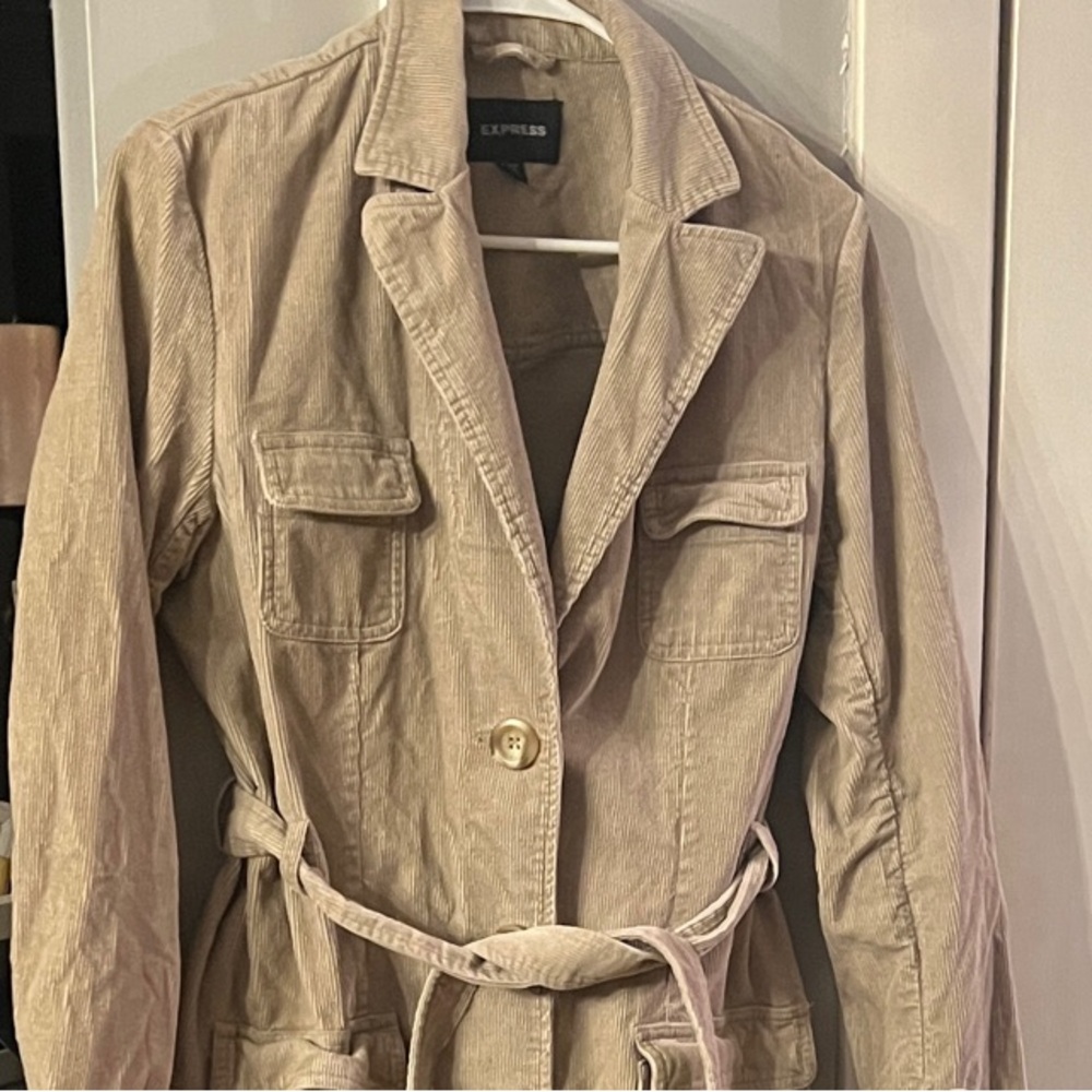 Express Beige Tie-Waist corduroy Dress Trench Coat
